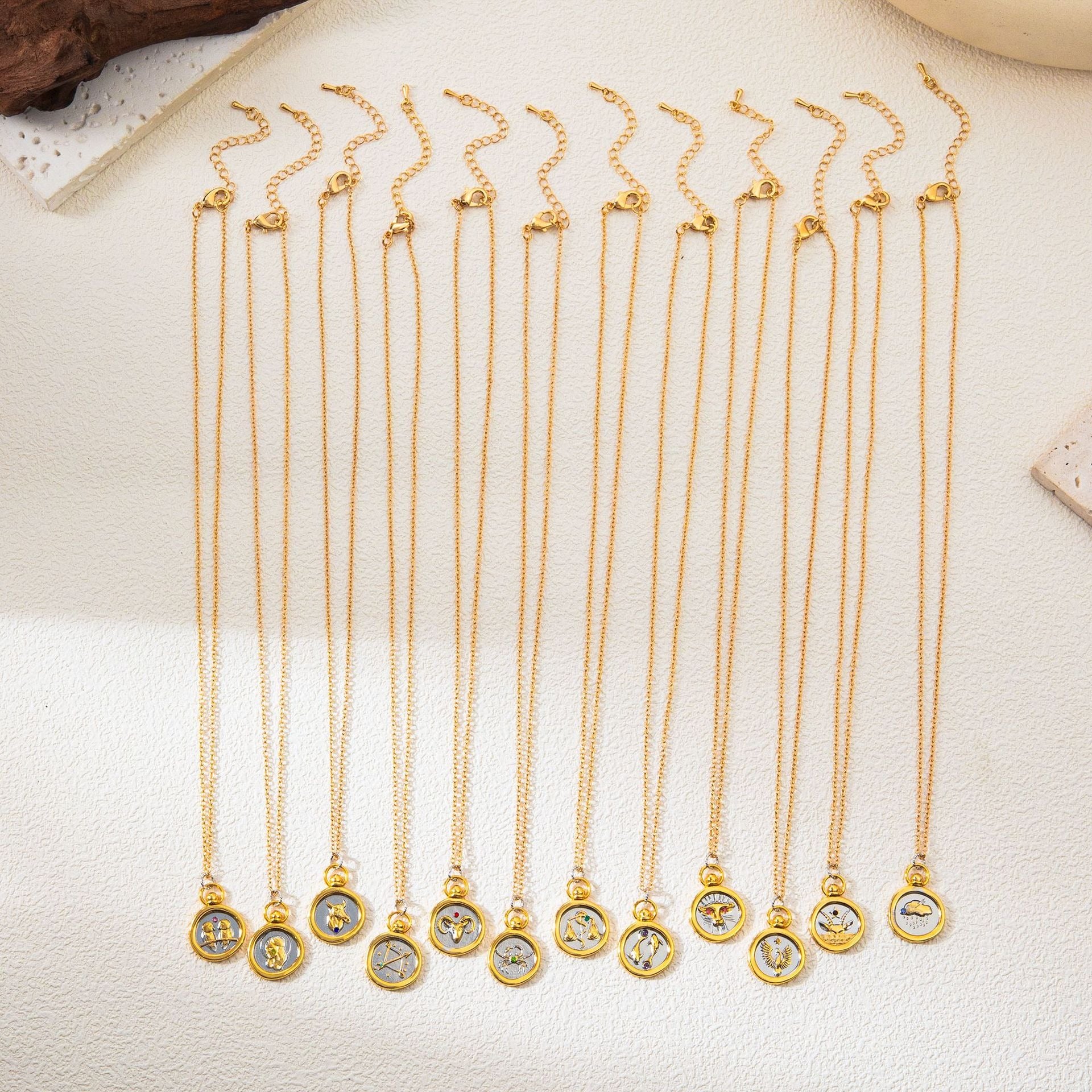 Full set of 12 zodiac sign necklaces waterproof stainless steel gold and silver jewelry.