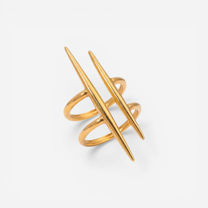 Gold double parallel bar ring architectural design waterproof stainless steel jewelry.