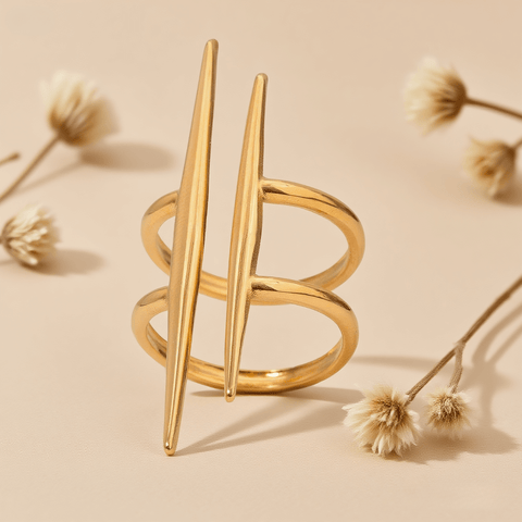 Urban Minimal Double-Bar Ring — 18K gold plated adjustable double-bar ring, hypoallergenic and durable.