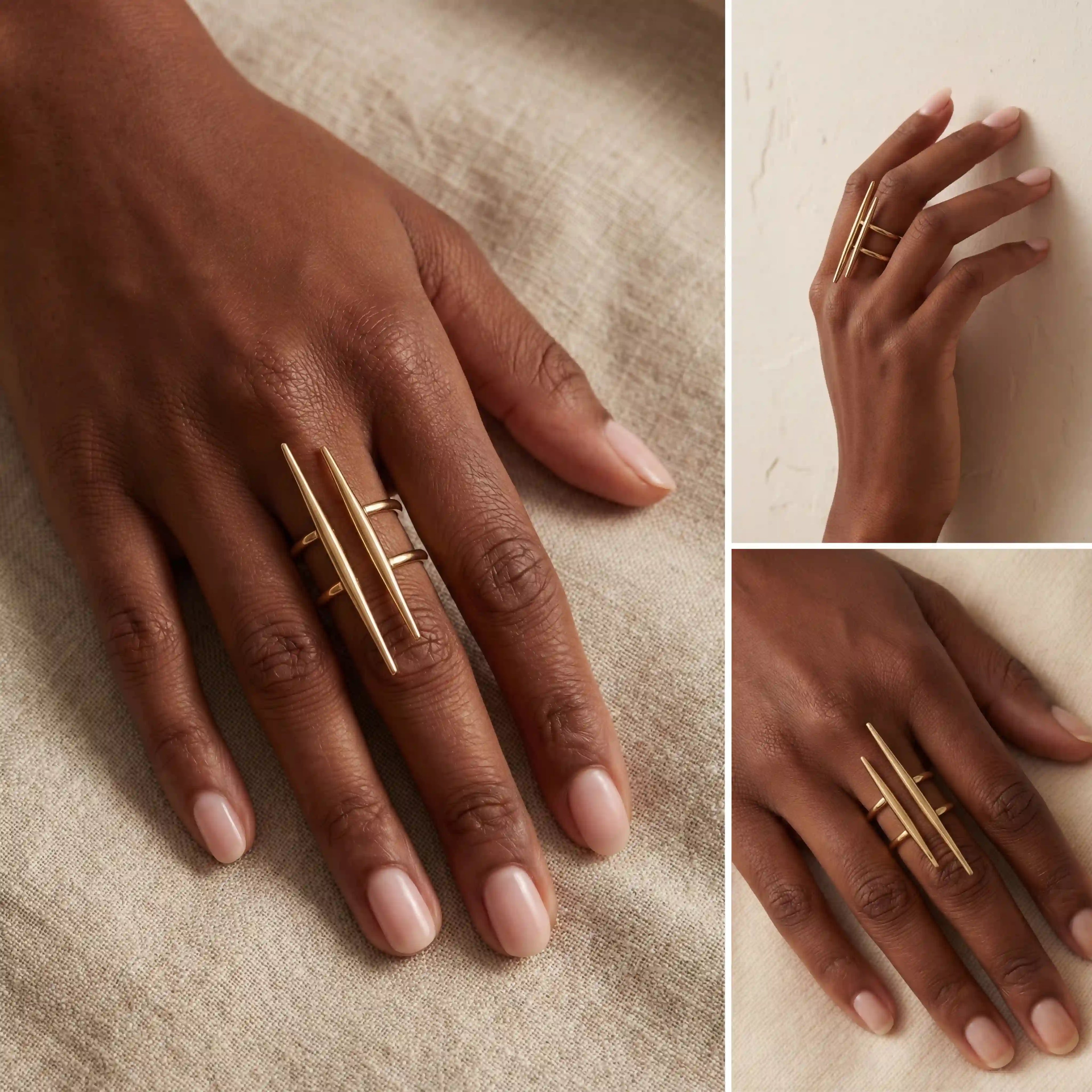Model with dark skin wearing gold parallel line statement ring urban style.