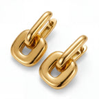 Gold square interlocking hoop earrings chunky architectural design stainless steel.