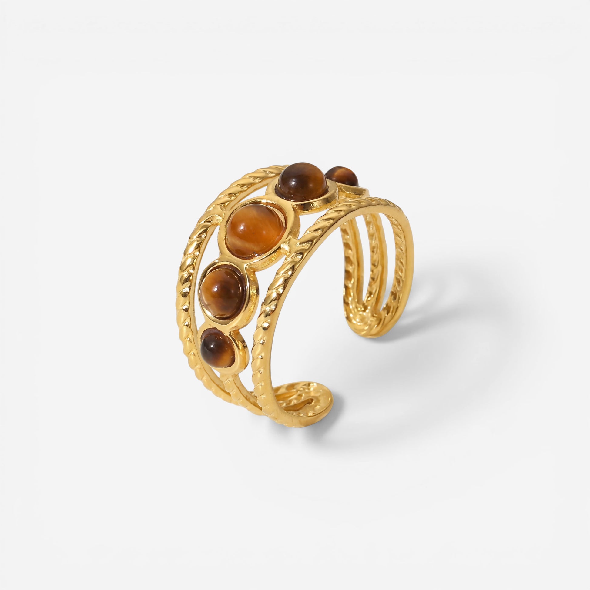 Vintage braided gold ring with 5 natural tiger's eye stones adjustable band.