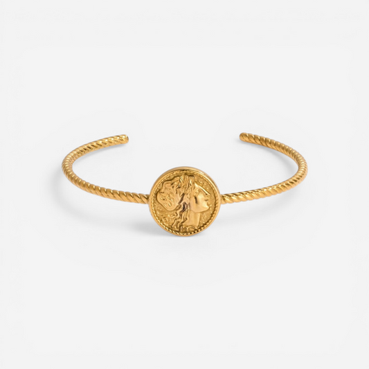 Vintage gold coin open cuff bracelet with twisted rope band waterproof stainless steel.