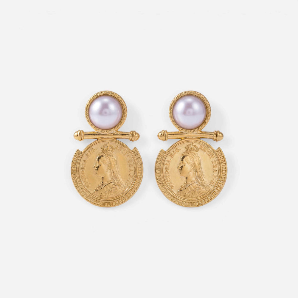 Pair of vintage pearl and gold coin drop earrings, waterproof stainless steel.