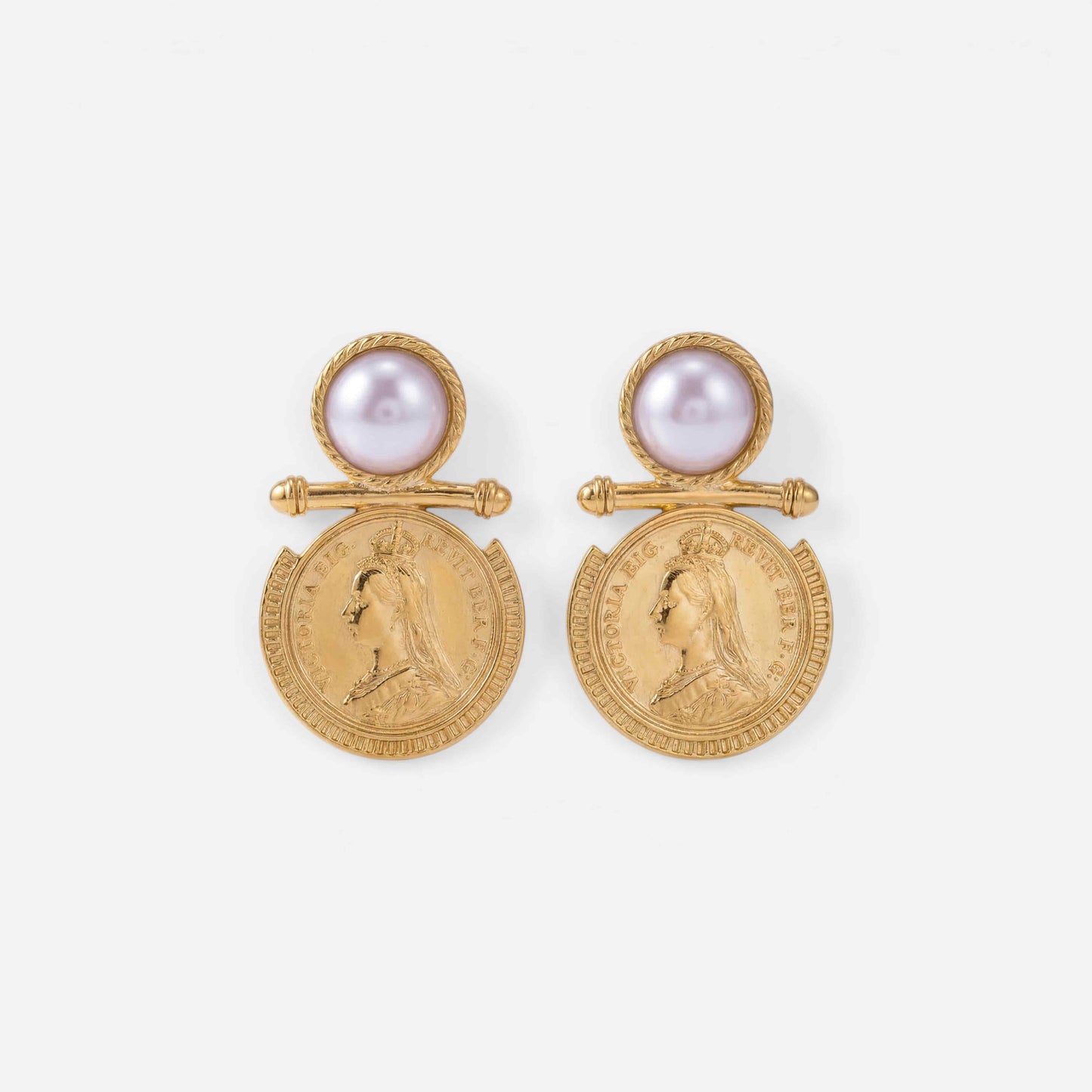 Pair of vintage pearl and gold coin drop earrings, waterproof stainless steel.