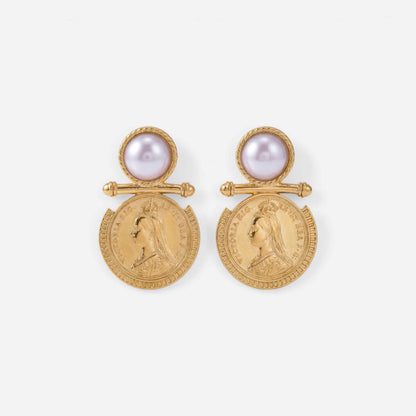Pair of vintage pearl and gold coin drop earrings, waterproof stainless steel.
