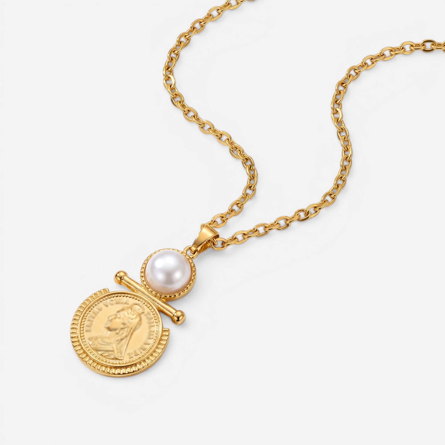 Gold portrait coin pendant with pearl detail waterproof stainless steel necklace.