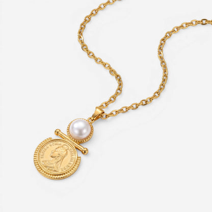 Gold portrait coin pendant with pearl detail waterproof stainless steel necklace.