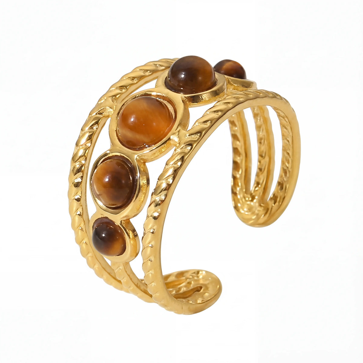 Vintage braided gold ring with 5 natural tiger's eye stones adjustable band.