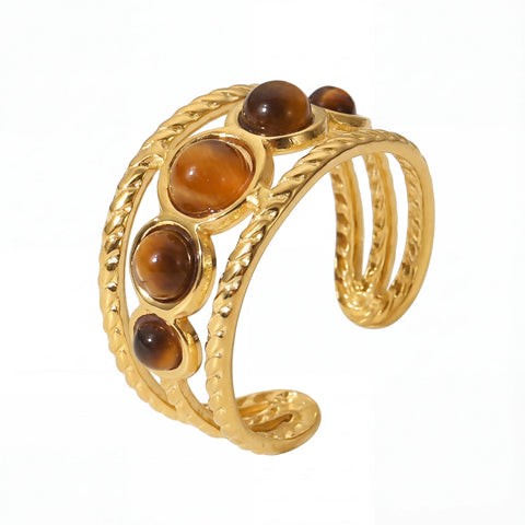 Vintage braided gold ring with 5 natural tiger's eye stones adjustable band.