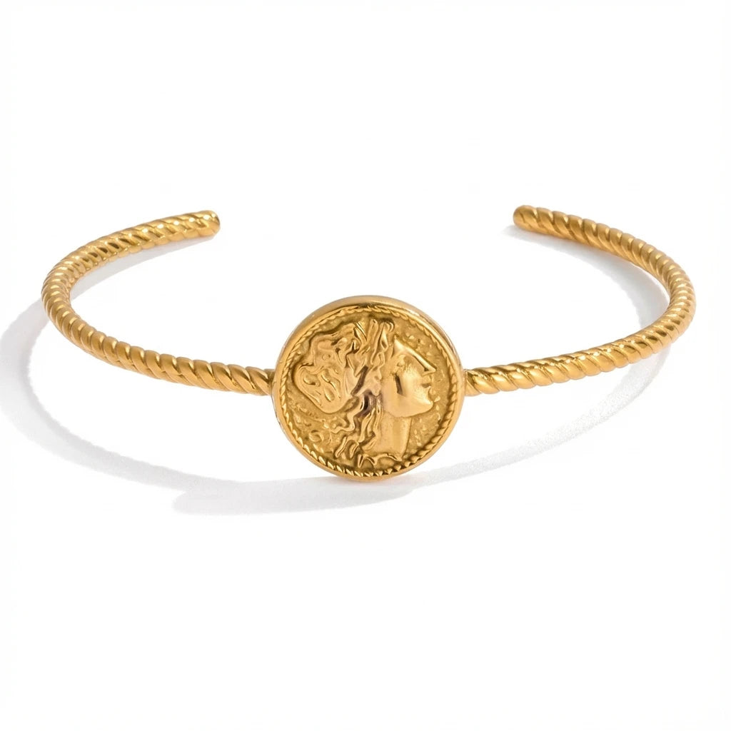 Vintage gold coin open cuff bracelet with twisted rope band waterproof stainless steel.