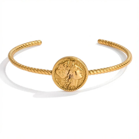 Vintage gold coin open cuff bracelet with twisted rope band waterproof stainless steel.