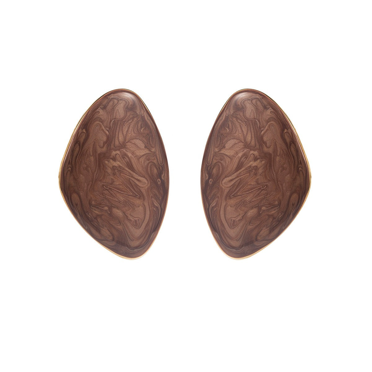 Marble brown texture enamel stud earrings organic pebble shape.
