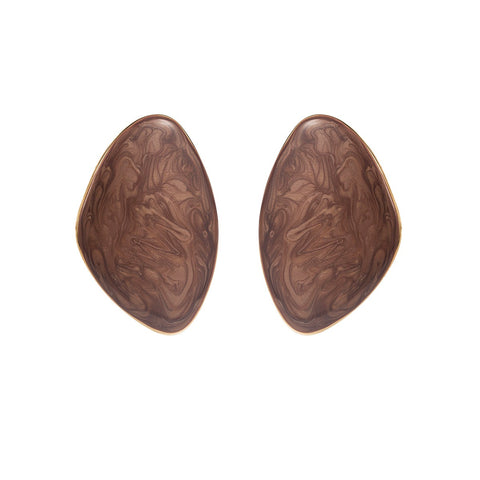 Marble brown texture enamel stud earrings organic pebble shape.