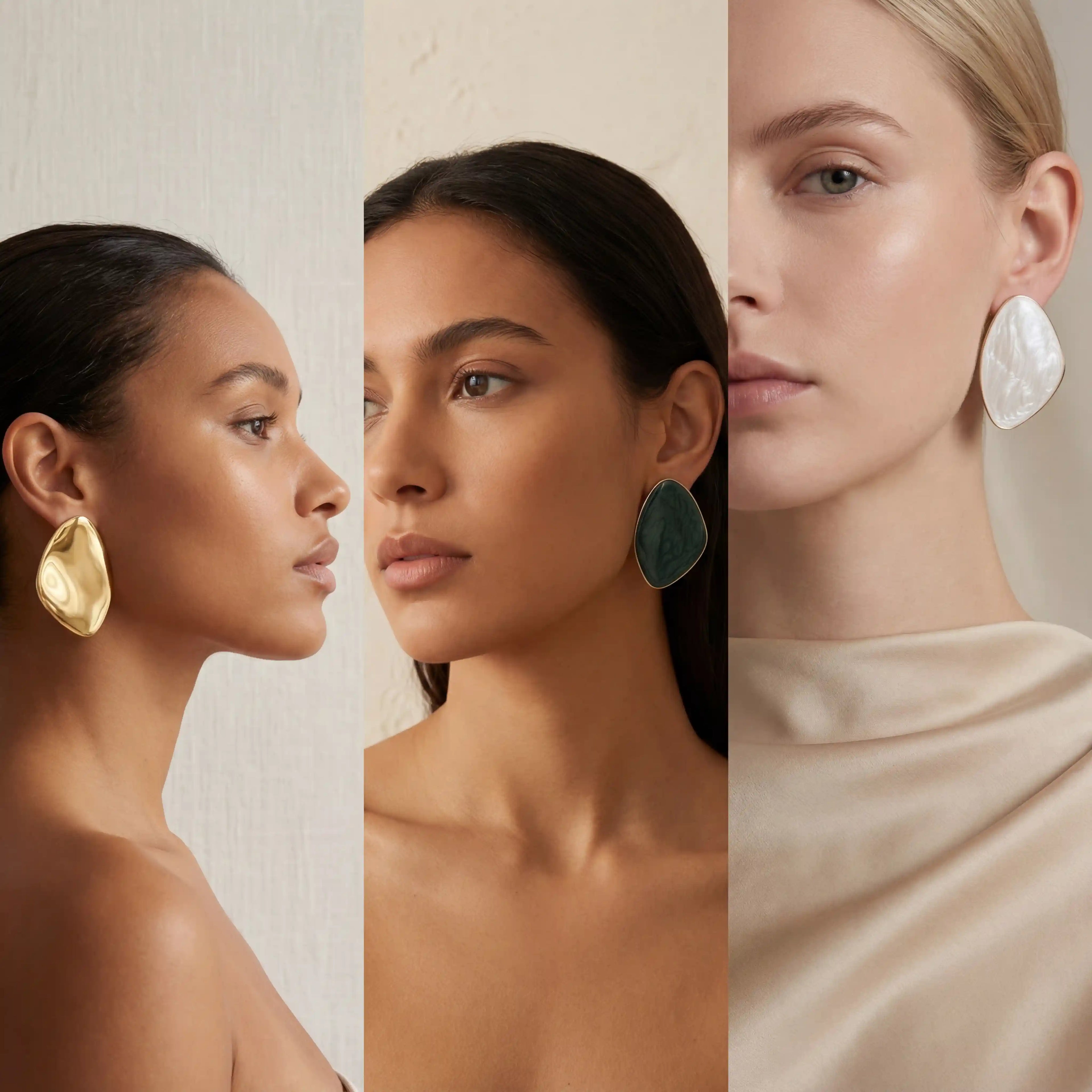 Diverse models wearing colorful enamel pebble earrings in gold emerald green and ivory white.