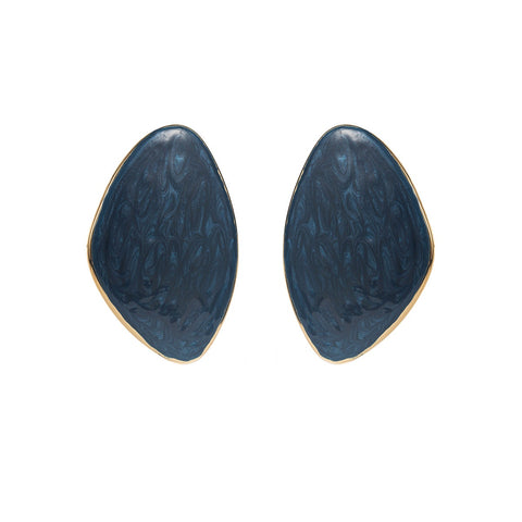 Royal blue glossy enamel earrings oversized gold studs waterproof.