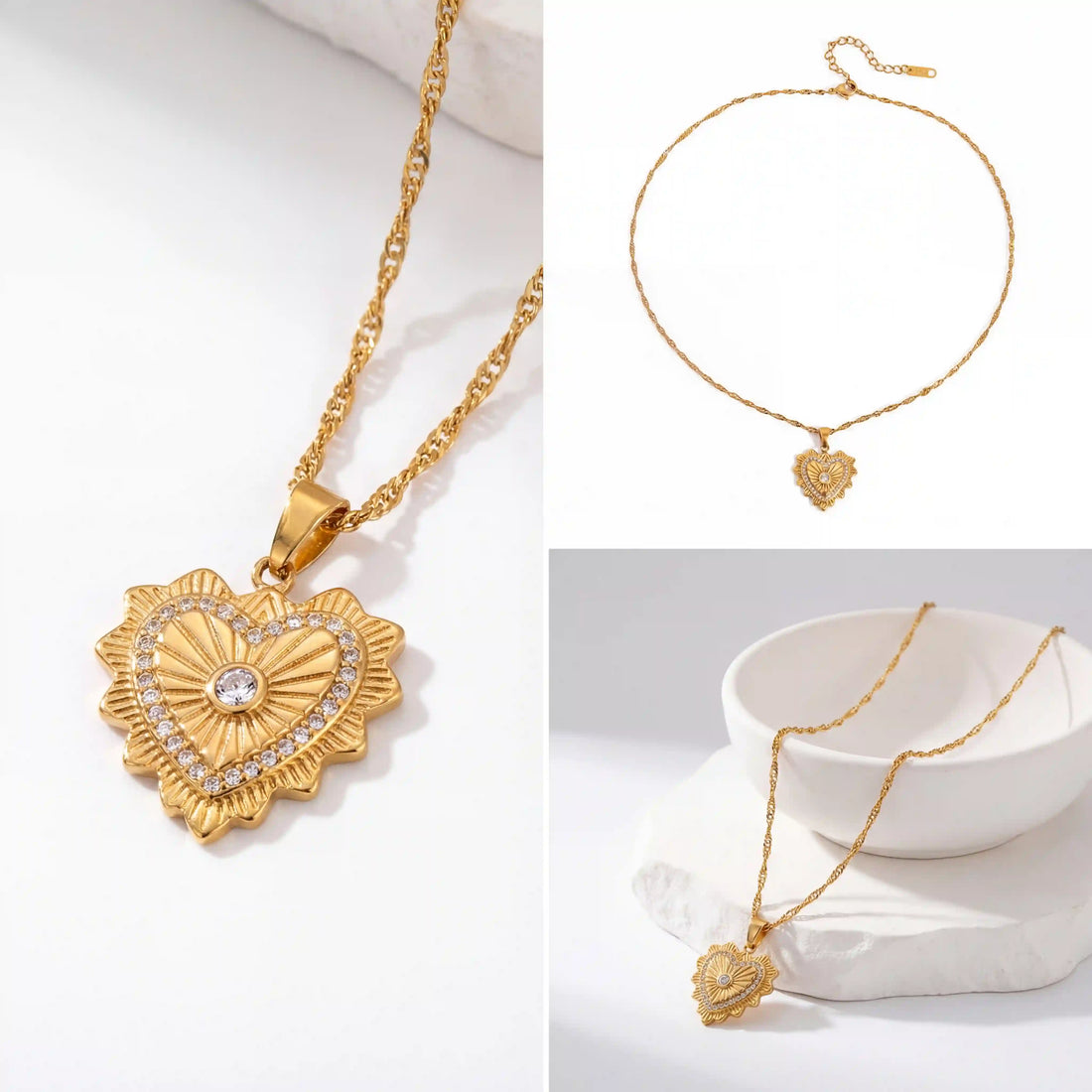 Aesthetic product photography of gold heart medallion necklace details on white background.