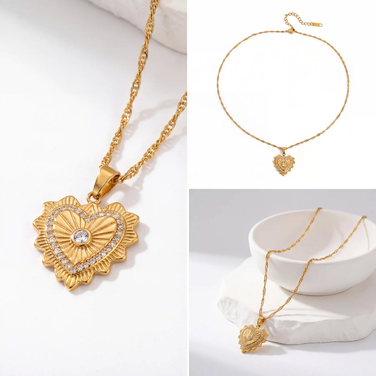 Aesthetic product photography of gold heart medallion necklace details on white background.