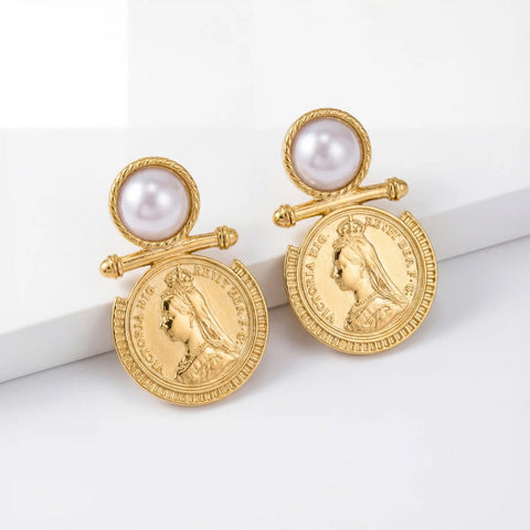 Pair of vintage pearl and gold coin drop earrings waterproof stainless steel.