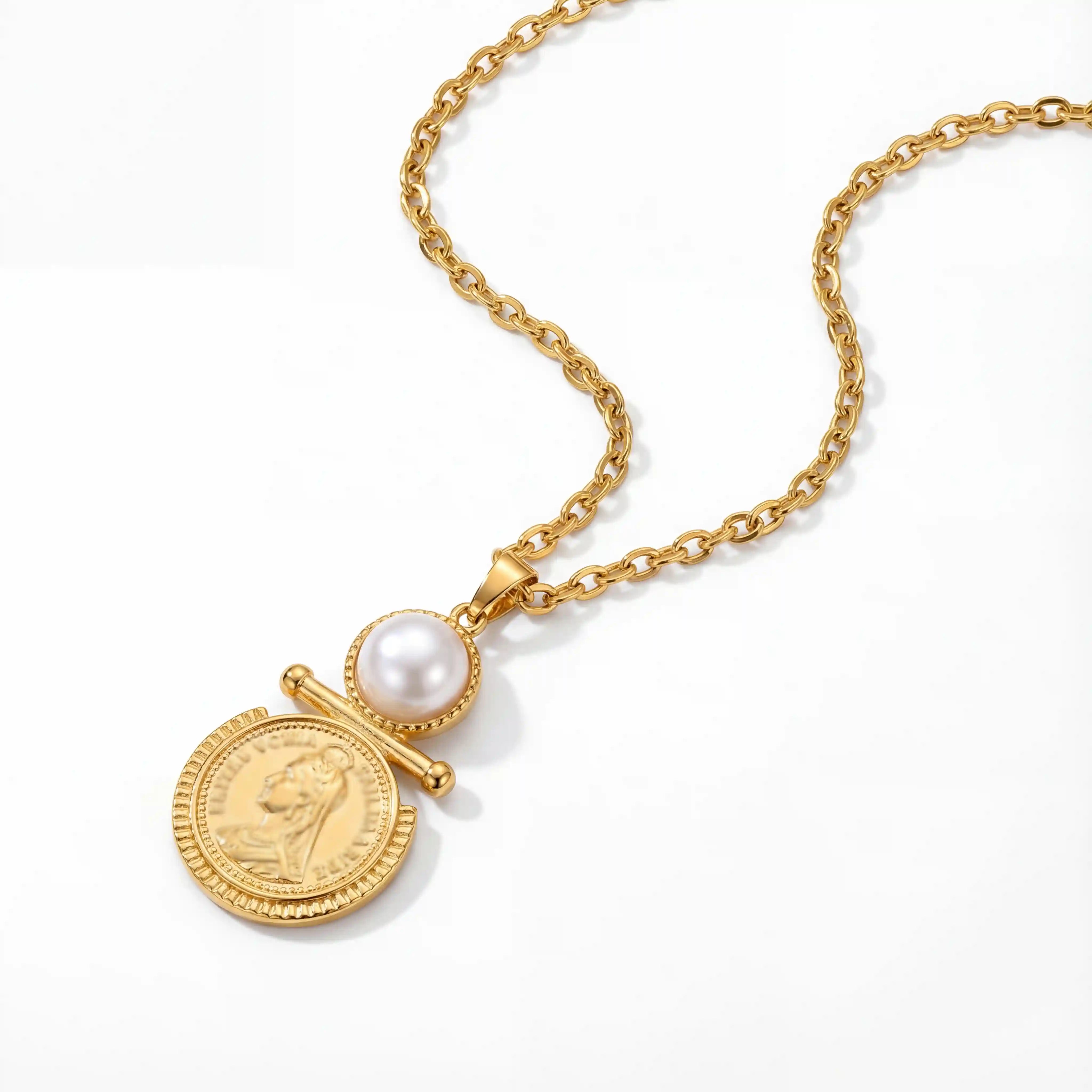 Gold portrait coin pendant with pearl detail waterproof stainless steel necklace.