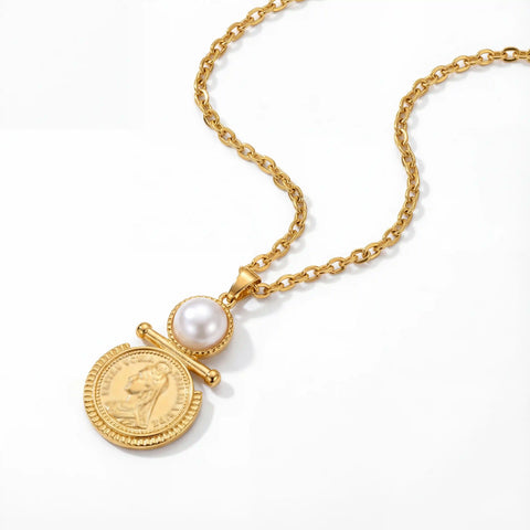 Gold portrait coin pendant with pearl detail waterproof stainless steel necklace.