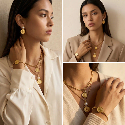 Brunette model wearing gold pearl coin necklace layered with matching earrings office style.