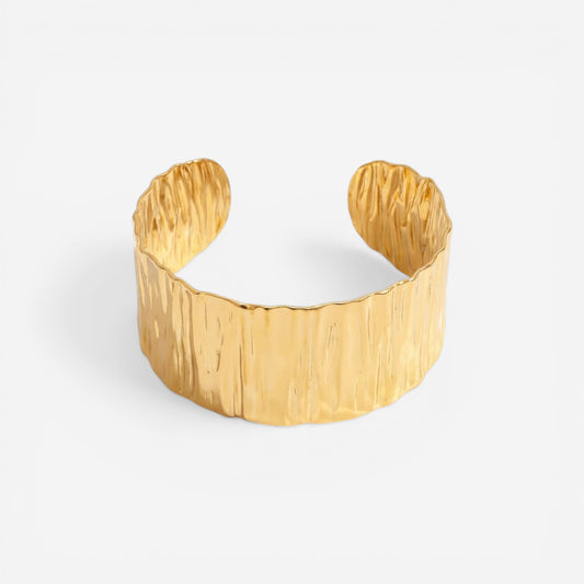Wide crushed metal texture gold cuff bracelet open bangle stainless steel.