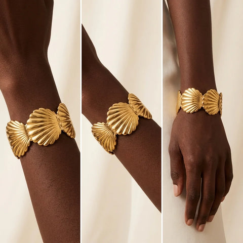 Fashion photography collage of gold shell cuff bracelet on dark skin model.