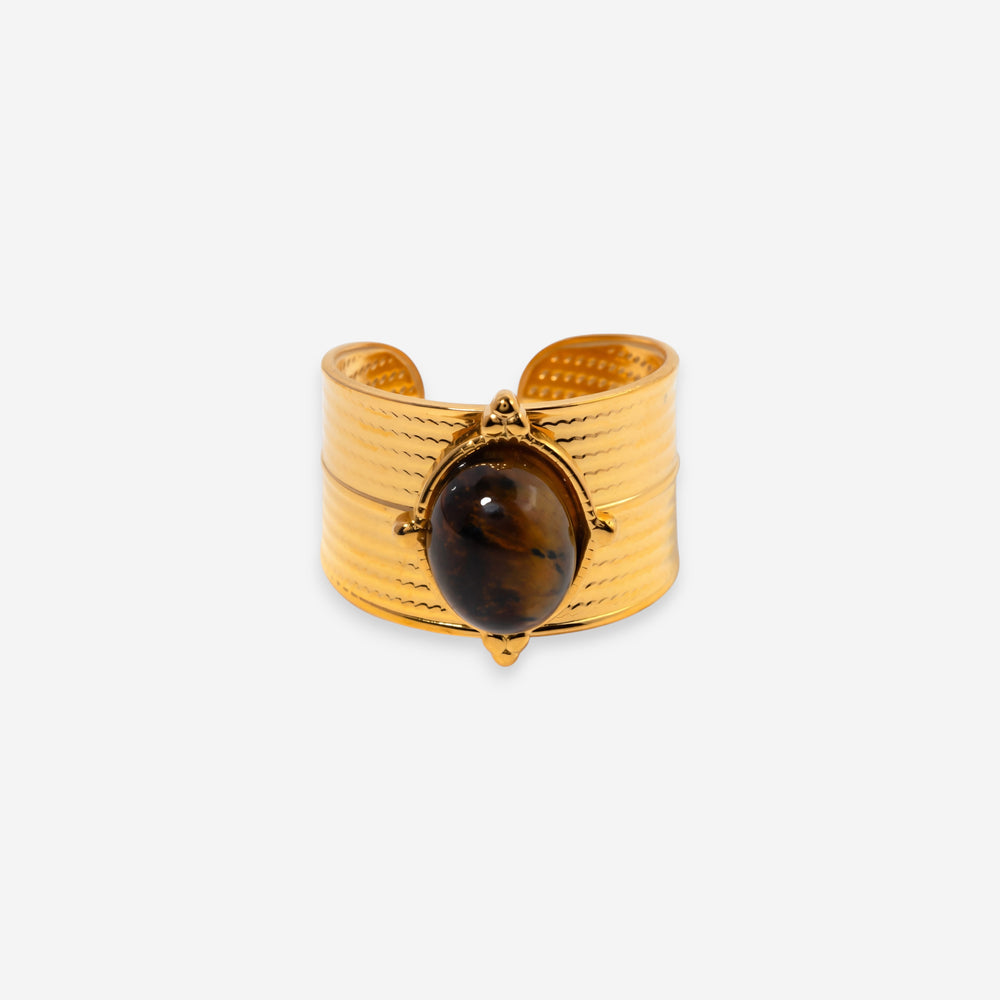 Wide textured gold cuff ring with natural oval tiger's eye stone stainless steel.