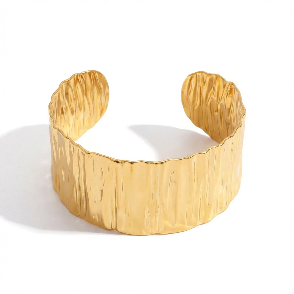 Wide crushed metal texture gold cuff bracelet open bangle stainless steel.