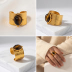 Lifestyle collage of chunky gold statement ring styling with beige sweater fall fashion.