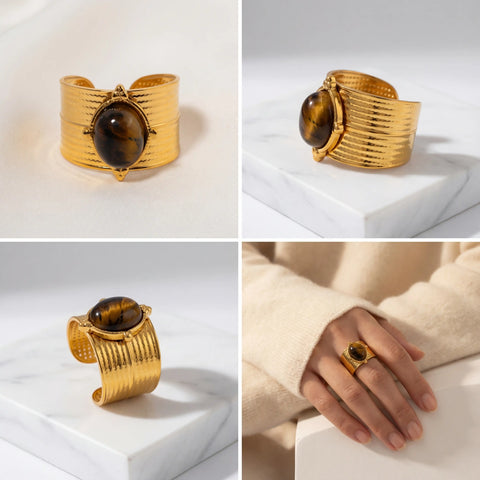 Lifestyle collage of chunky gold statement ring styling with beige sweater fall fashion.