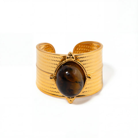 Wide textured gold cuff ring with natural oval tiger's eye stone stainless steel.