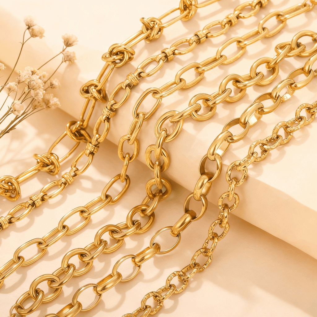 A detailed, angled close-up of The Amalfi Layering Set bracelets stacked together, highlighting their rich 18k gold-plated texture and shine in warm lighting.