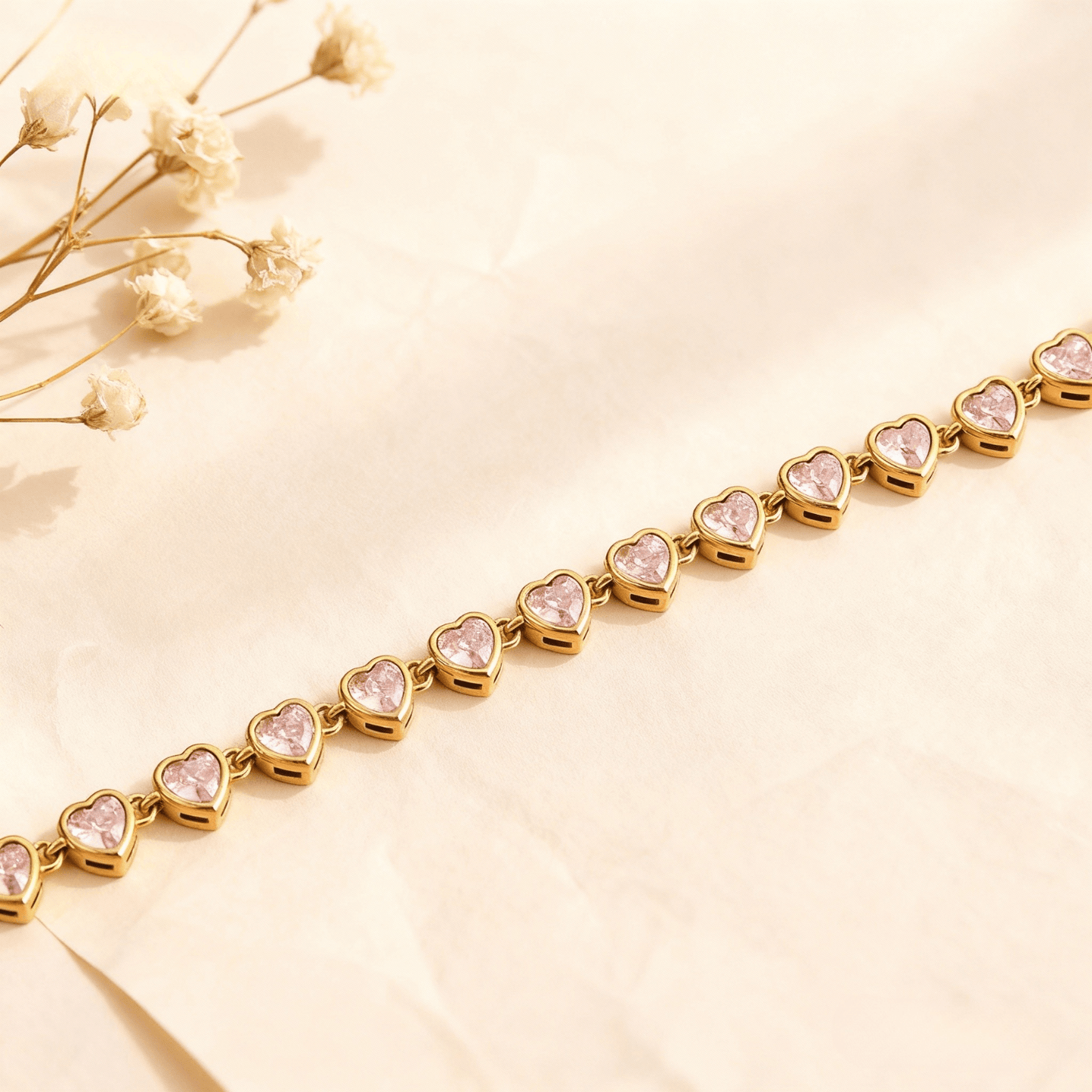 First Kiss Pink Bracelet | Gold Plated Pink Heart Tennis Bracelet