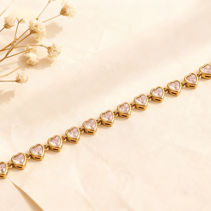 First Kiss Pink Bracelet | Gold Plated Pink Heart Tennis Bracelet