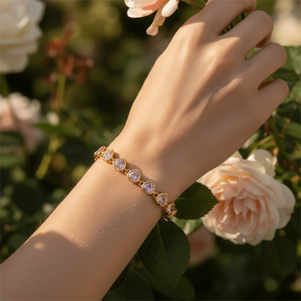 First Kiss Pink Bracelet | Gold Plated Pink Heart Tennis Bracelet