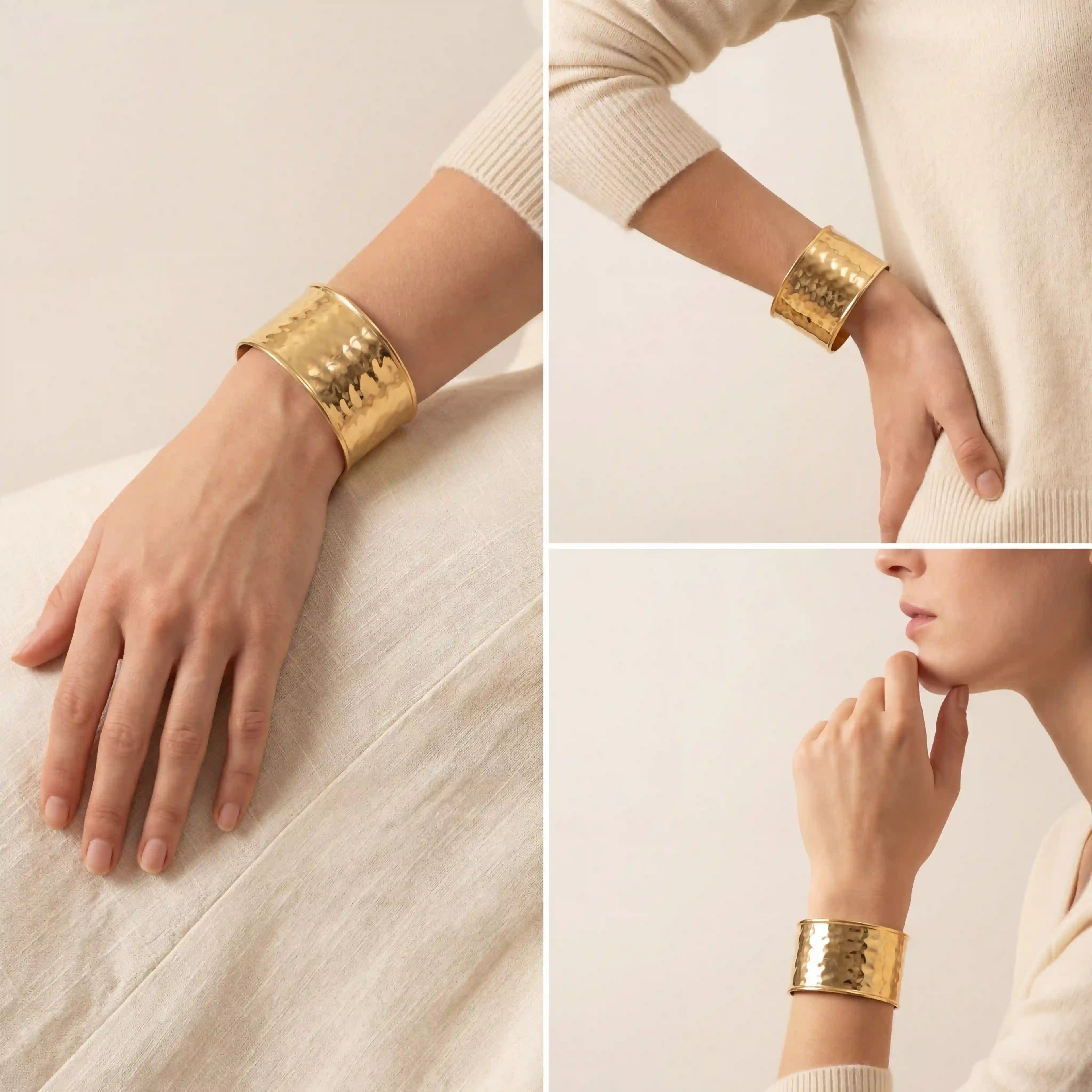 Blonde woman styling wide gold hammered cuff bracelet minimalist look.