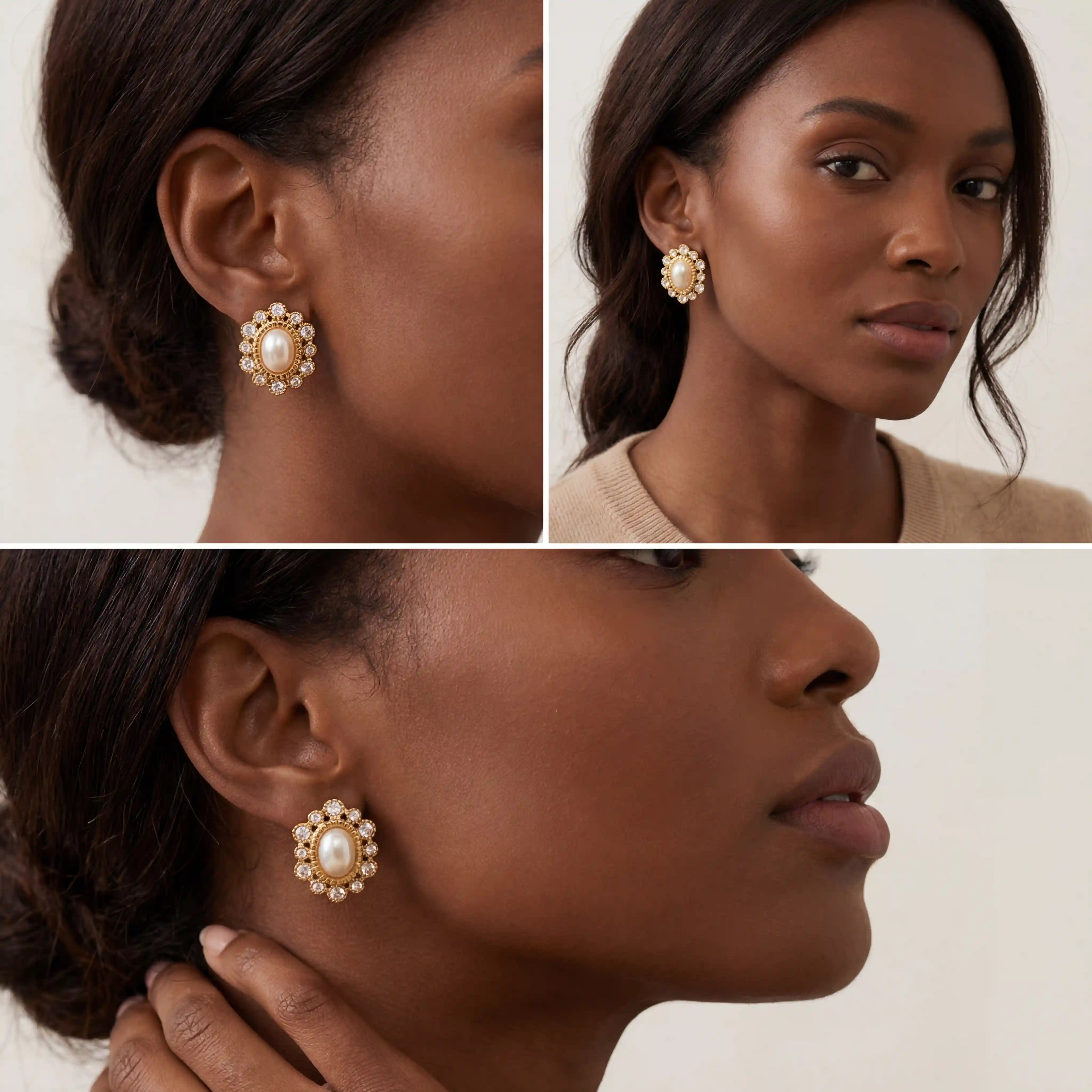 Model with dark skin wearing gold and pearl statement studs elegant evening jewelry.