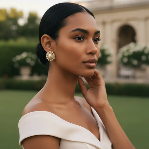 A model with an elegant bridal updo wears The Antoinette Earrings, illustrating their suitability as stunning wedding jewelry for a bride or guest.