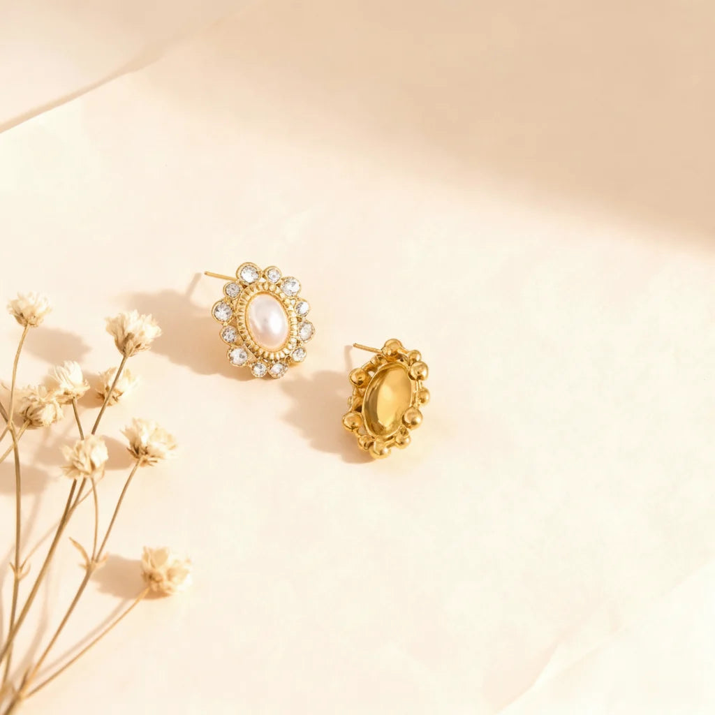 A side-angle view of The Antoinette Earrings, showing the depth of the setting and the secure stud backing, highlighting the quality craftsmanship.
