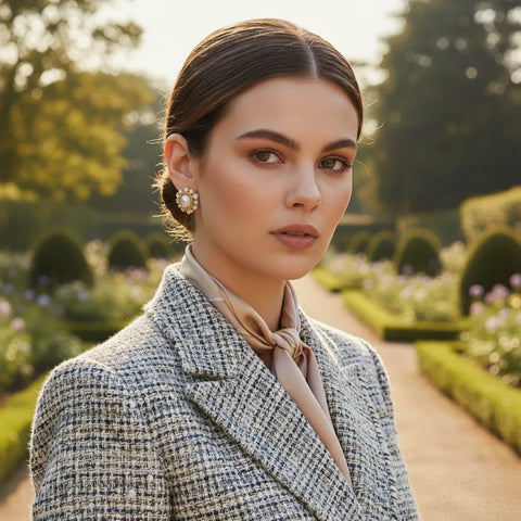 Model wearing The Antoinette Earrings with a stylish grey plaid blazer in a formal garden, demonstrating their versatility for sophisticated daytime events.