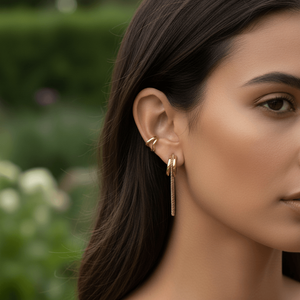 Model wearing the two-tone Luxe Layered Chain Hoops, paired with a black silk blouse to showcase the statement design.