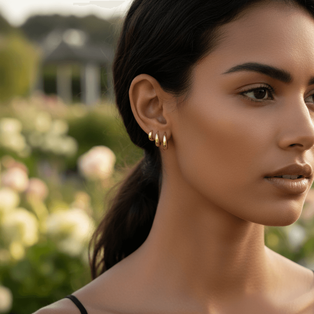 A close-up of a model's ear showing a curated ear stack. She is wearing the large gold Capsule Hoop in her first lobe piercing, the medium hoop in her second, and the small hoop in her upper cartilage (helix) piercing.