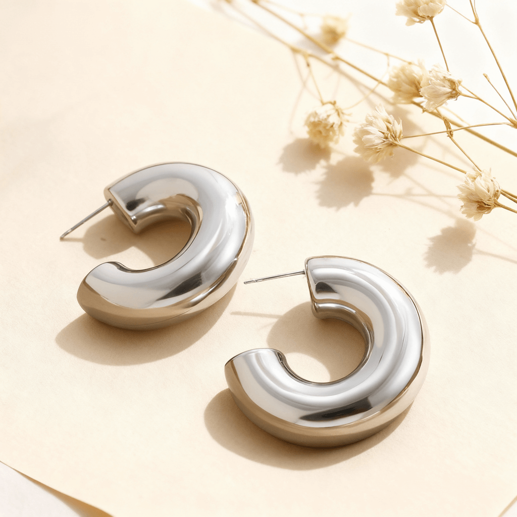 Detail shot of the chunky silver Cloud Hoops, highlighting their smooth, polished surface and C-shape design.