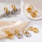Aesthetic product photography of gold and mixed metal interlocking hoops collection.