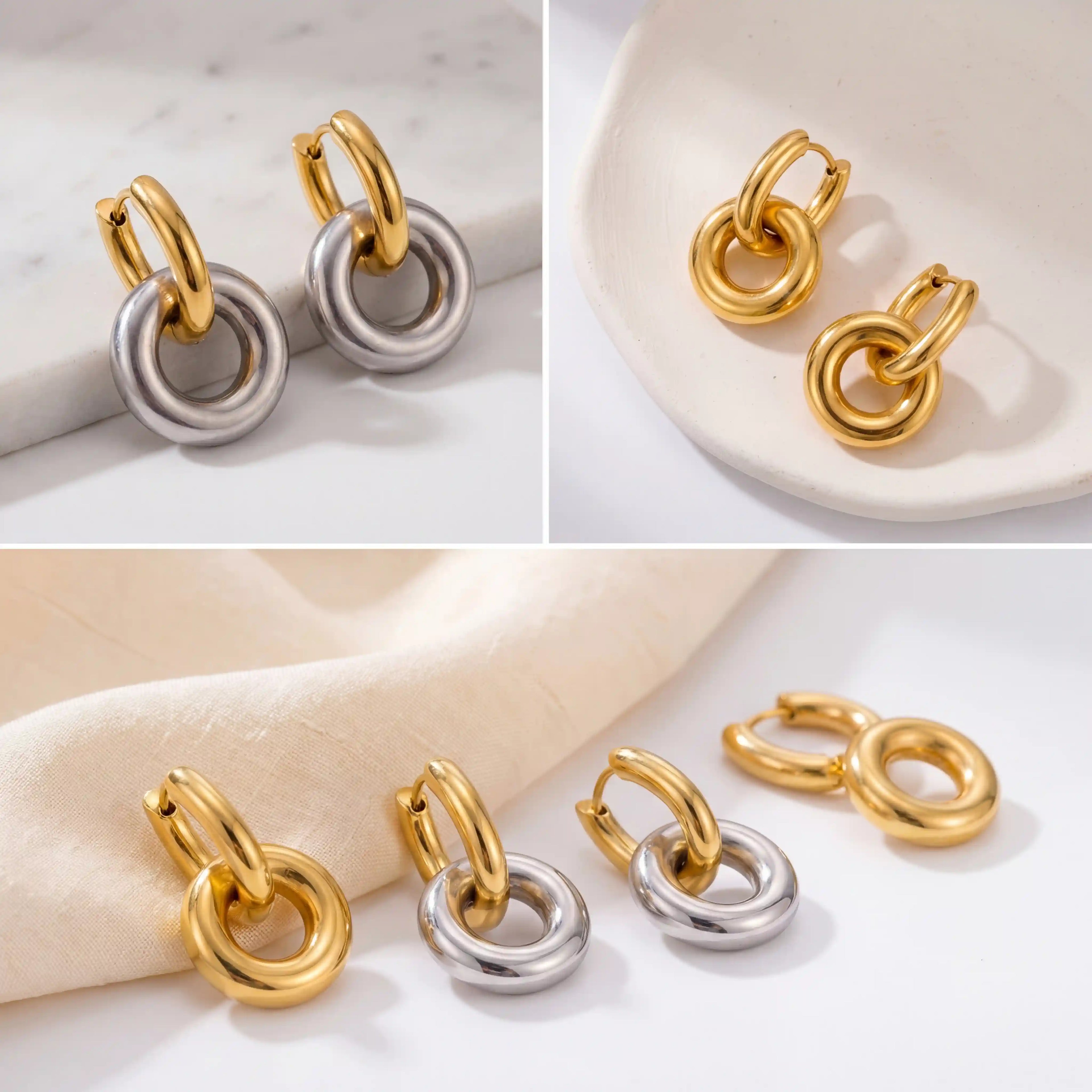 Aesthetic product photography of gold and mixed metal interlocking hoops collection.