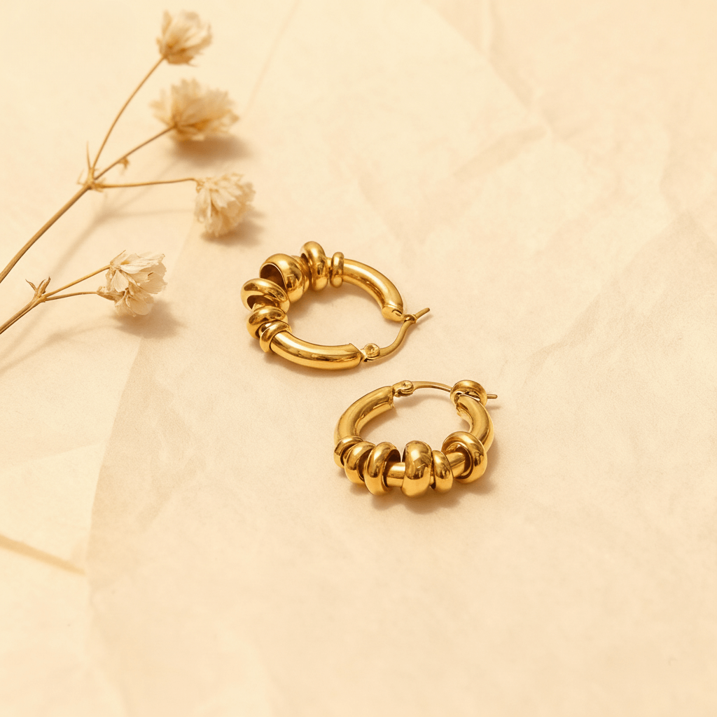 A pair of all-gold Siena Stacked Hoops, highlighting the textural, multi-ring design and high-shine 18K gold finish.