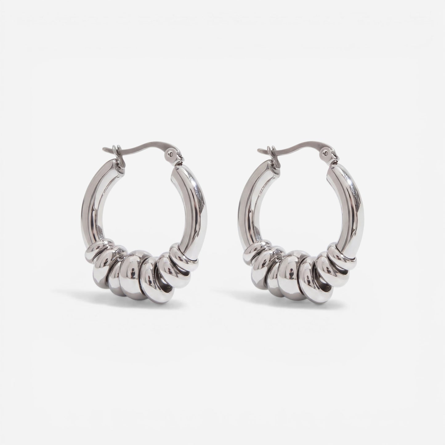 Silver multi-band hoop earrings high polish waterproof stainless steel.