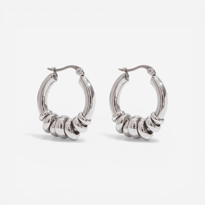 Silver multi-band hoop earrings high polish waterproof stainless steel.